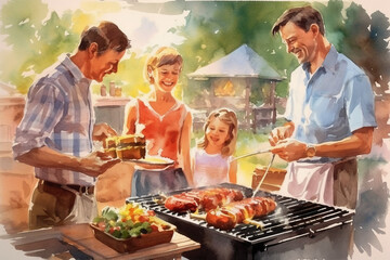 바베큐 파티 하고 있는 가족, 행복한 느낌, 수채화, 인공지능 생성
