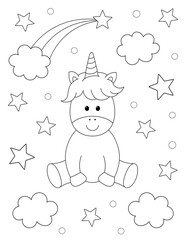 coloring page of a cute unicorn, clouds and stars. You can print it on 8.5x11 inch paper
