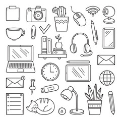 Freelance doodle set. Home office in sketch style. Work from home concept. Hand drawn vector illustration isolated on white background.