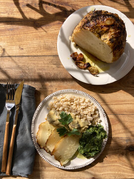 spicy roasted celery with mushrooms, spinach and barley pearls