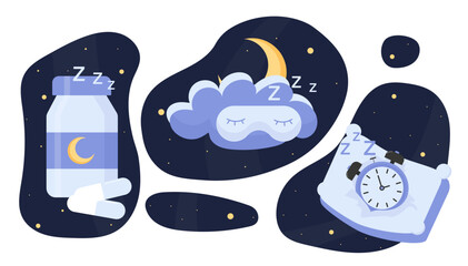 Set of sleep. Melatonin pills, cloud in sleep mask and pillow with alarm clock. Collection of ight insomnia and sleep problems. Cartoon flat vector illustrations isolated on white background
