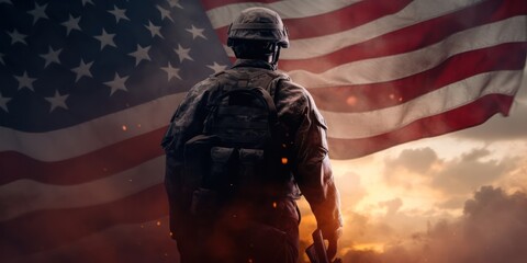 The silhouette of a soldier on the flag of the United States at sunset for Veterans Day is the official US public holiday background, copy space. Generative AI