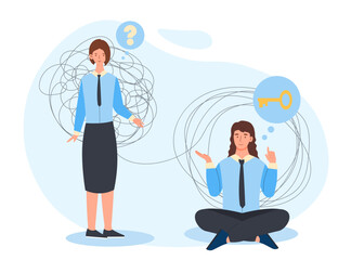 Solving problems concept. Woman in lotus position helps young girl in suit find answers to questions. Business education, company development. Tangled and unraveled. Cartoon flat vector illustration