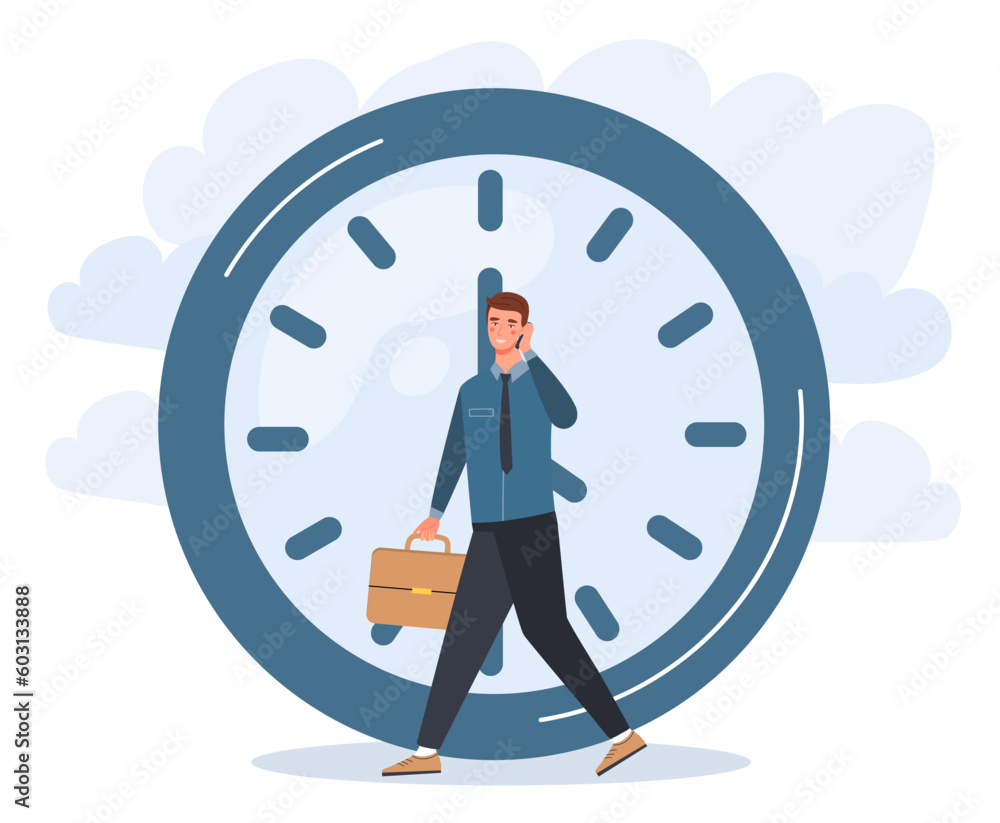 Poster time management concept. man with smartphone and briefcase in front of large clock. organization of 