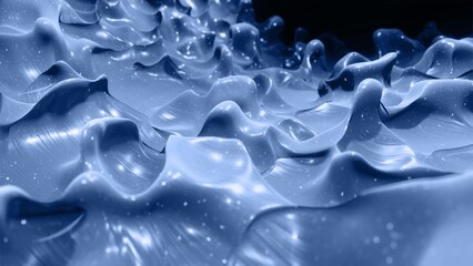 3d render. Liquid black gradient. Glossy paint surface as abstract stylish background. Glitters in viscous liquid with 3d splashes on surface like drops. Monochrome