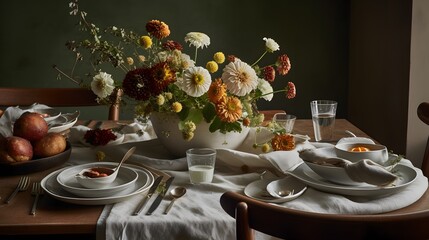 Nakryty stół z pięknym bukietem kwiatów na środku - obrazy, fototapety, plakaty