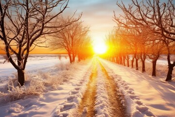 scenic snowy road with a beautiful sunset in the background Generative AI