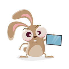 funny cartoon rabbit holding a tablet