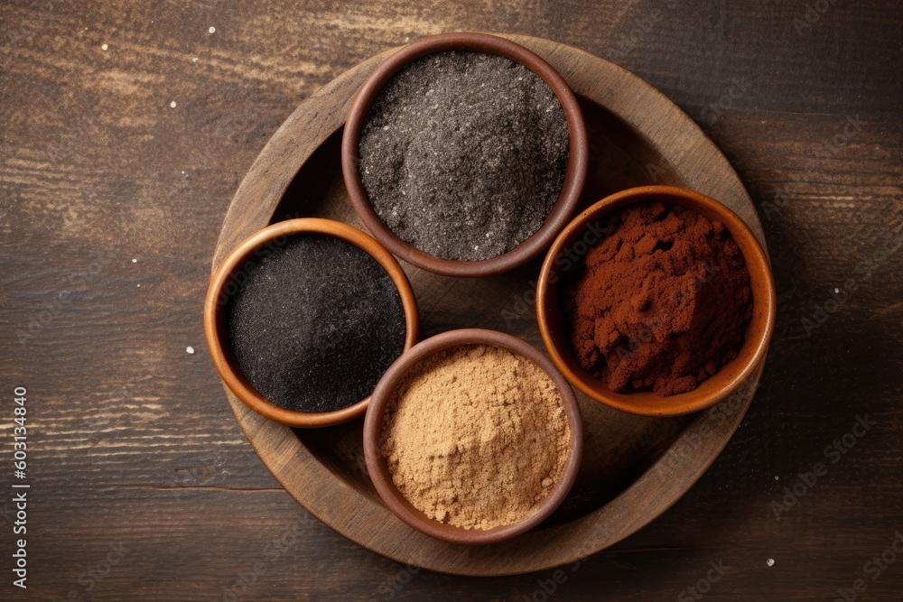 Poster three assorted spice bowls arranged on a rustic wooden platter generative ai
