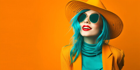 portrait of a cool young woman with hat, crazy colorful lifestyle concept, fictional person created with generative ai