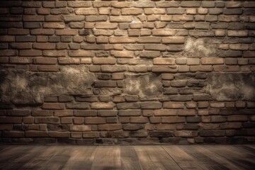 brick wall with a wooden floor in front of it Generative AI