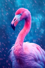Fototapeta premium Portrait of a flamingo on a neon blue pink background. Emotive portrait. Looking at the camera Generative AI