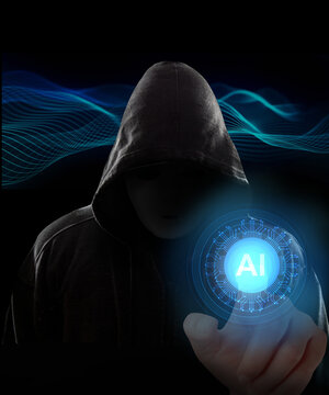 person in the dark pressing AI button on a holographic screen