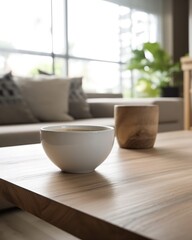 A white coffee cup is placed on a wooden table with a living room background offering copy space for home concepts. (Generative AI)