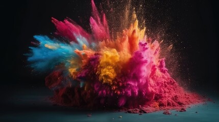 The backdrop is covered in colorful dust from an abstract powder explosion. (Generative AI)