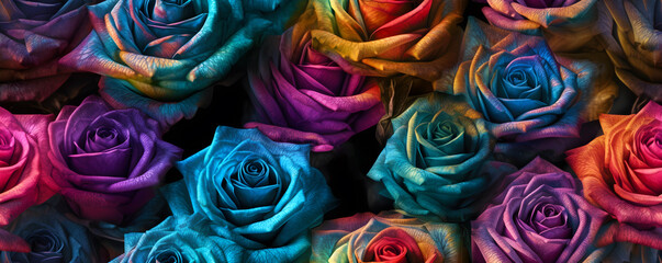 Obraz na płótnie Canvas Seamless rainbow roses pattern design. wallpaper background created with Generative AI technology
