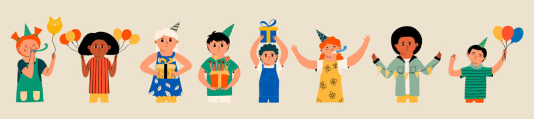 Set of diverse children celebrating a birthday. Vector illustration in hand drawn style