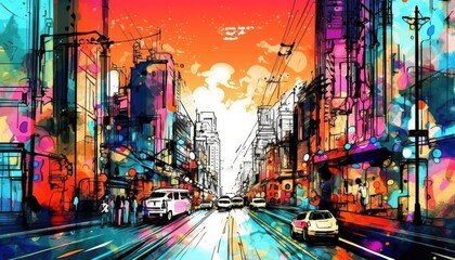 A digital art illustration of a futuristic city in pop art style. (Generative AI)