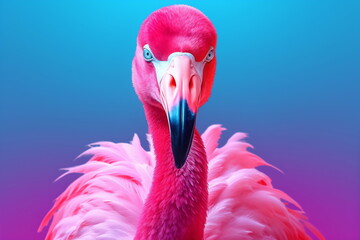 Fototapeta premium Portrait of a flamingo on a neon blue pink background. Emotive portrait. Looking at the camera Generative AI