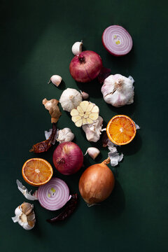 still life of fresh onions and garlic