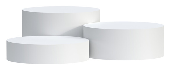 Three white round podiums for product presentation isolated on transparent background - obrazy, fototapety, plakaty