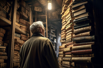 old men rear view on a tower of books, a treasure trove of stories Generative AI