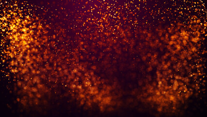 Fototapeta na wymiar Golden red glow particles flicker and float in viscous liquid with amazing bokeh. Fantastic background. Gold magical sparkles of light form abstract structures. 3d render