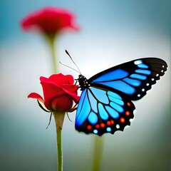 blue butterfly perched on a red rose
