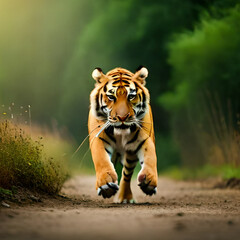 tiger running in pursuit of prey along a path in the woods