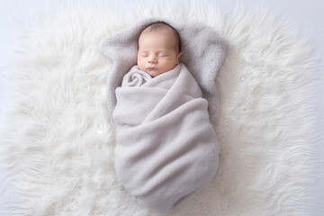 Top view of newborn baby sleeping wrapped in a blanket. Generative AI - obrazy, fototapety, plakaty