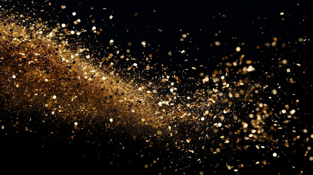 Gold Glitter Dust Scattered on Black Background created with Generative AI