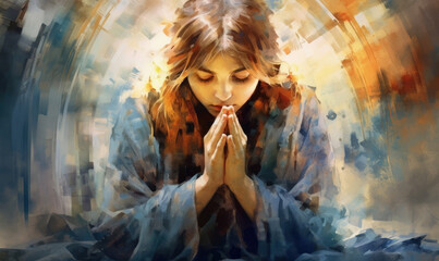 Seeking Divine Connection.  A Powerful Watercolor Depiction of a Woman's Prayer and Call to God.  Generative AI. 