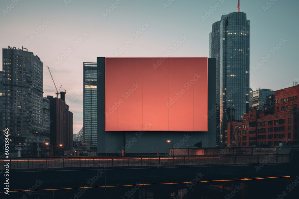 Poster a large red billboard on the side of a building. generative ai image.
