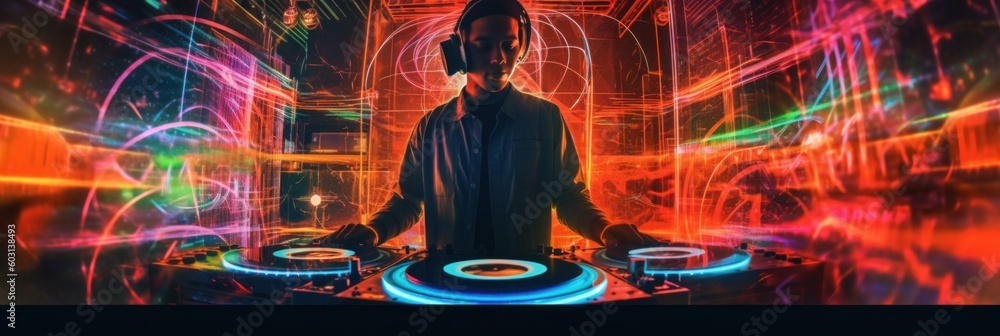 Poster a man standing in front of a dj set. generative ai image.
