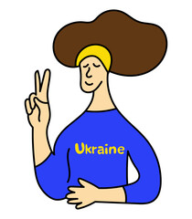 Ukrainian person in blue sweater with yellow text Ukraine shows victory sign with her fingers