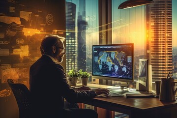 A businessman's determination is evident as he skillfully operates a virtual screen monitor, navigating through central banking systems and international currency for forex and currency exchange purpo