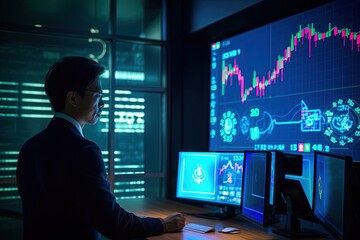 Fototapeta premium Immerse in the realm of finance, a businessman confidently works on a virtual screen monitor, utilizing central banking systems and international currency to facilitate money transfers and forex trans