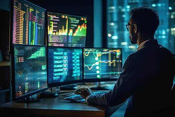 A businessman's proficiency shines as he works on a virtual screen monitor, analyzing the dollar, Yuan, Yen, Pound sterling, and Euro in the context of forex and currency exchange within central banki