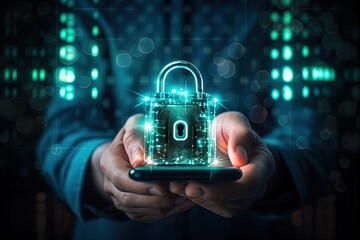cybersecurity and privacy concepts to protect data. Lock icon and internet network security technology. Businessman protecting personal data on smartphone, virtual screen interfaces