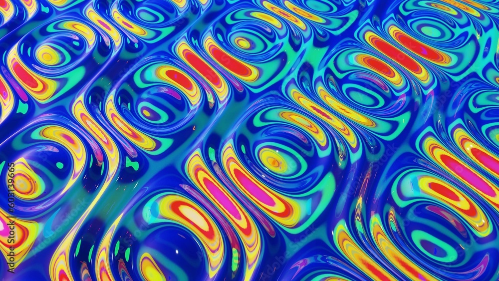 Poster 3d render. liquid pattern like waves. 3d stylish abstract iridescent bg of wavy surface like brillia