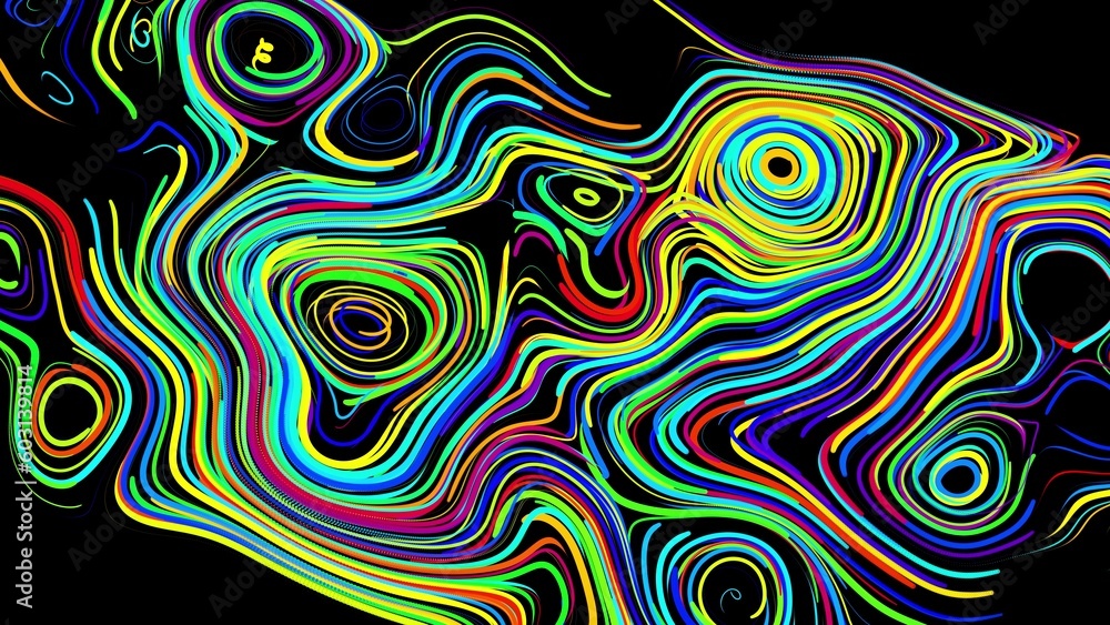 Poster abstract creative bg with curled lines like trails of different colors. lines form swirling pattern 