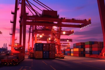 Containers loading by crane in the twilight. Concept of business and industry import export. shipping, logistics, international trade. Generative AI