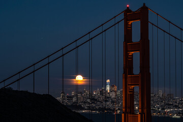 August 2022 Full Moon,  called the Sturgeon Moon, seen from Presidio Park, with Golden Gate and San...