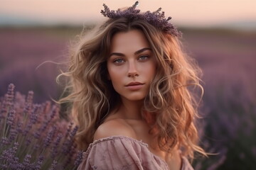 Young pretty woman with long hair standing near lavender field Generative AI