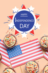Obraz premium Greeting card for USA Independence Day with tasty patriotic cupcakes and flags