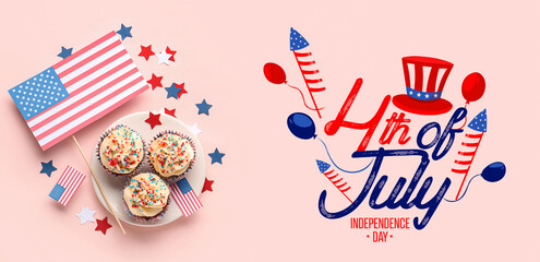 Obraz premium Greeting card for USA Independence Day with tasty patriotic cupcakes and flags