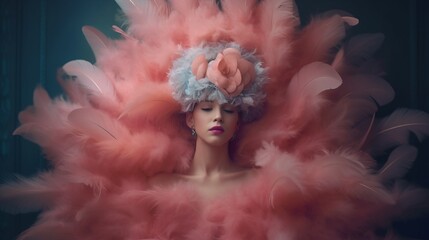 fashionable woman wearing a pastel pink feather outfit. Generative Ai image