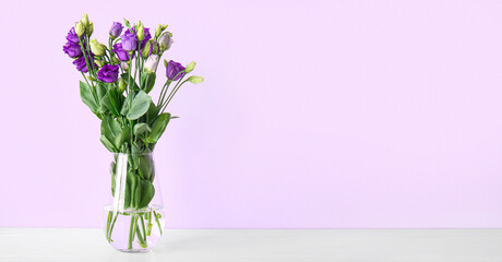 Vase with beautiful eustoma flowers on table near lilac wall. Banner for design