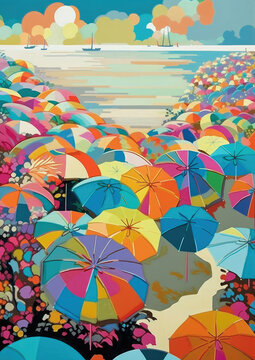 Tropical beach umbrellas - Artistic Gouache painting with vibrant colours and abstract impressionist shapes