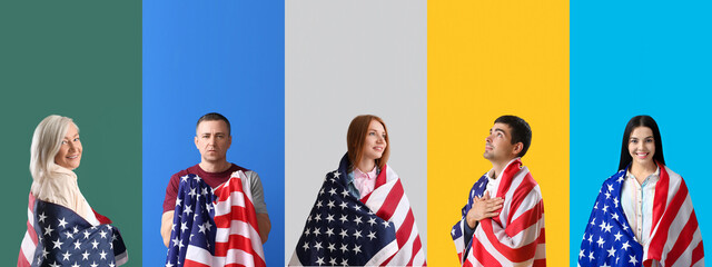 Different people with USA flags on color background